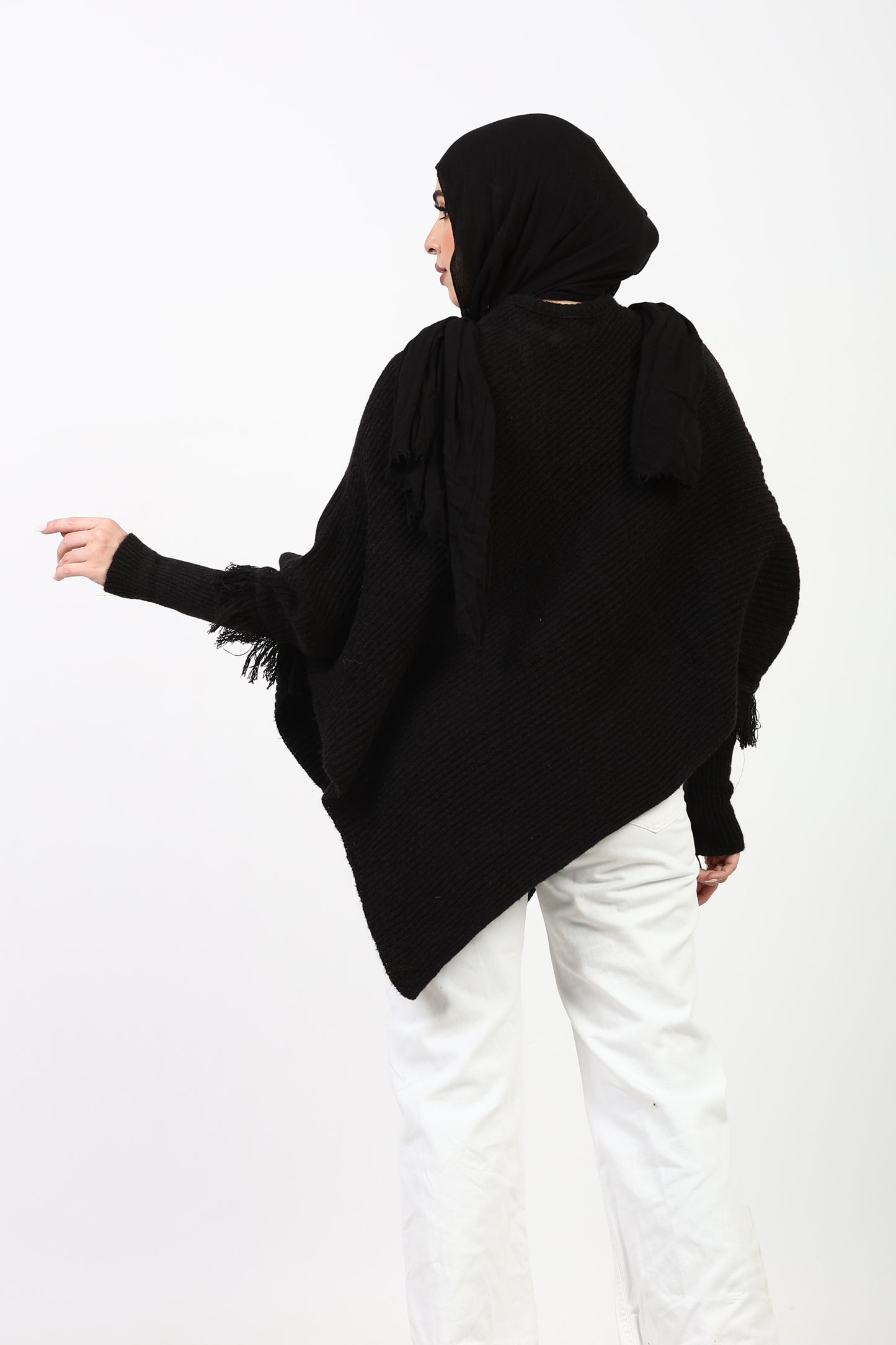 Asymmetric Knit Black Poncho