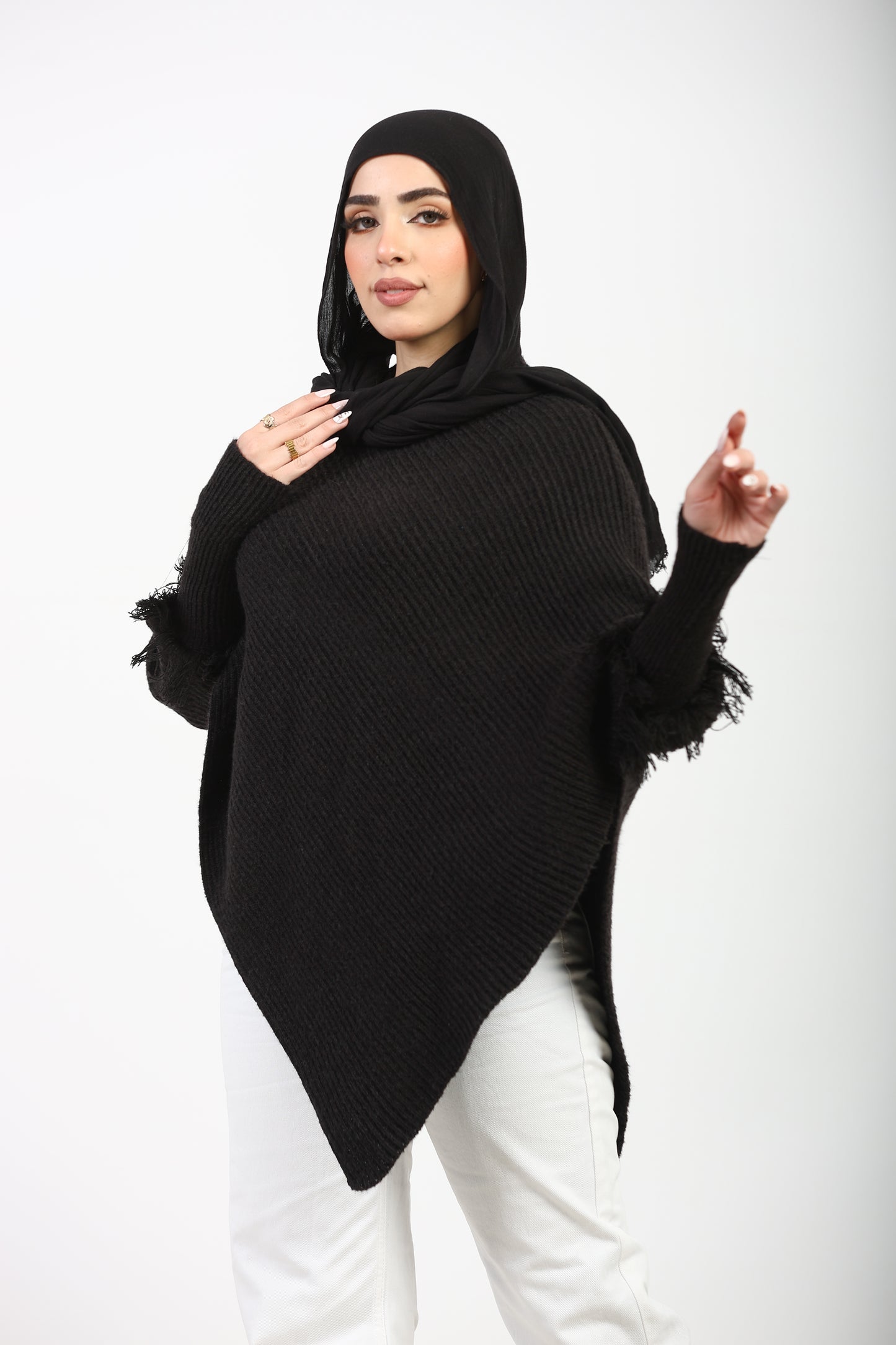 Asymmetric Knit Black Poncho